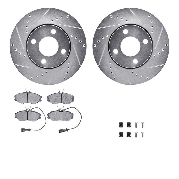 7512-73133 Drilled/Slotted Brake Rotors w/5000 Advanced Brake Pads Kit & Hardware [Silver], 1990-1998 Audi/Volkswagen, Position: