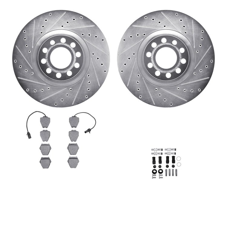 7512-73190 Drilled/Slotted Brake Rotors w/5000 Advanced Brake Pads Kit & Hardware [Silver], 1999-2004 Audi/Volkswagen, Position: