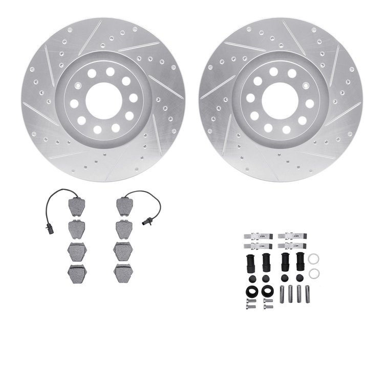 7512-73231 Drilled/Slotted Brake Rotors w/5000 Advanced Brake Pads Kit & Hardware [Silver], 1999-2005 Audi/Volkswagen, Position: