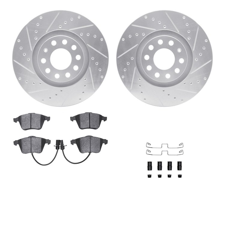 7512-73232 Drilled/Slotted Brake Rotors w/5000 Advanced Brake Pads Kit & Hardware [Silver], 2001-2005 Audi/Volkswagen, Position:
