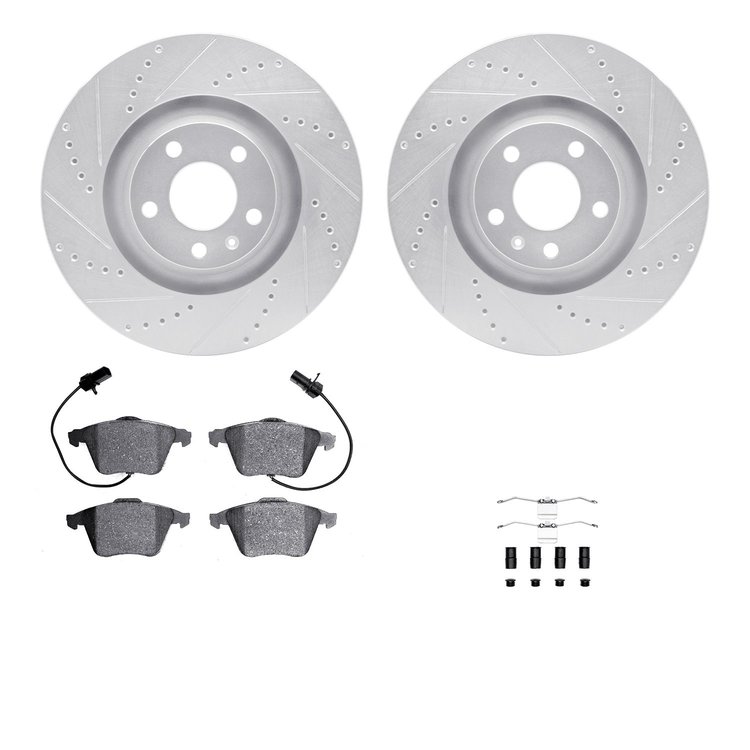 7512-73250 Drilled/Slotted Brake Rotors w/5000 Advanced Brake Pads Kit & Hardware [Silver], 2005-2011 Audi/Volkswagen, Position: