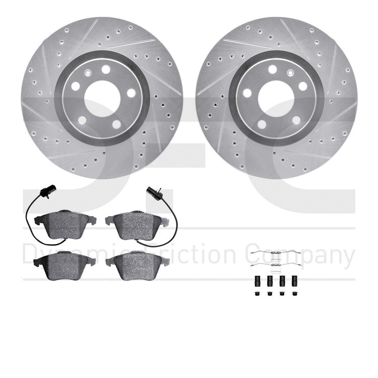 7512-73298 Drilled/Slotted Brake Rotors w/5000 Advanced Brake Pads Kit & Hardware [Silver], 2005-2011 Audi/Volkswagen, Position: