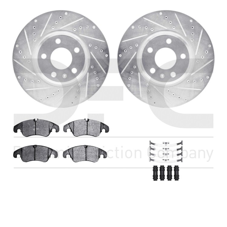 7512-73326 Drilled/Slotted Brake Rotors w/5000 Advanced Brake Pads Kit & Hardware [Silver], 2008-2011 Audi/Volkswagen, Position: