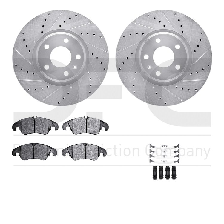 7512-73374 Drilled/Slotted Brake Rotors w/5000 Advanced Brake Pads Kit & Hardware [Silver], 2012-2017 Audi/Volkswagen, Position: