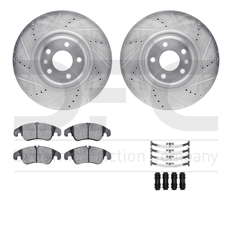 7512-73407 Drilled/Slotted Brake Rotors w/5000 Advanced Brake Pads Kit & Hardware [Silver], 2012-2017 Audi/Volkswagen, Position: