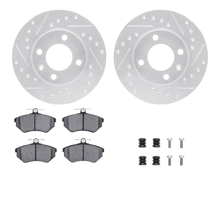 7512-74003 Drilled/Slotted Brake Rotors w/5000 Advanced Brake Pads Kit & Hardware [Silver], 1988-1988 Audi/Volkswagen, Position: