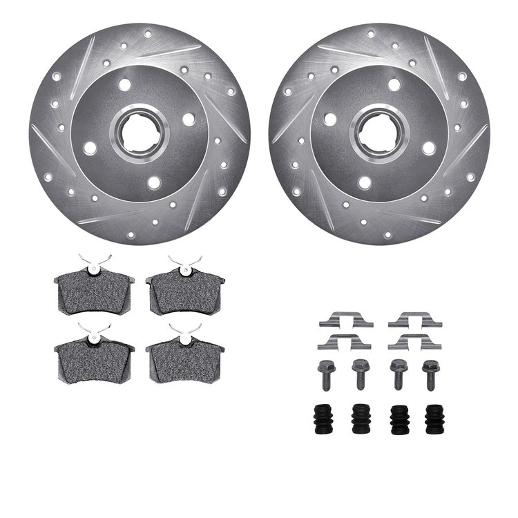7512-74006 Drilled/Slotted Brake Rotors w/5000 Advanced Brake Pads Kit & Hardware [Silver], 1999-1999 Audi/Volkswagen, Position: