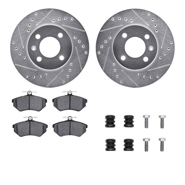 7512-74008 Drilled/Slotted Brake Rotors w/5000 Advanced Brake Pads Kit & Hardware [Silver], 1986-2002 Audi/Volkswagen, Position: