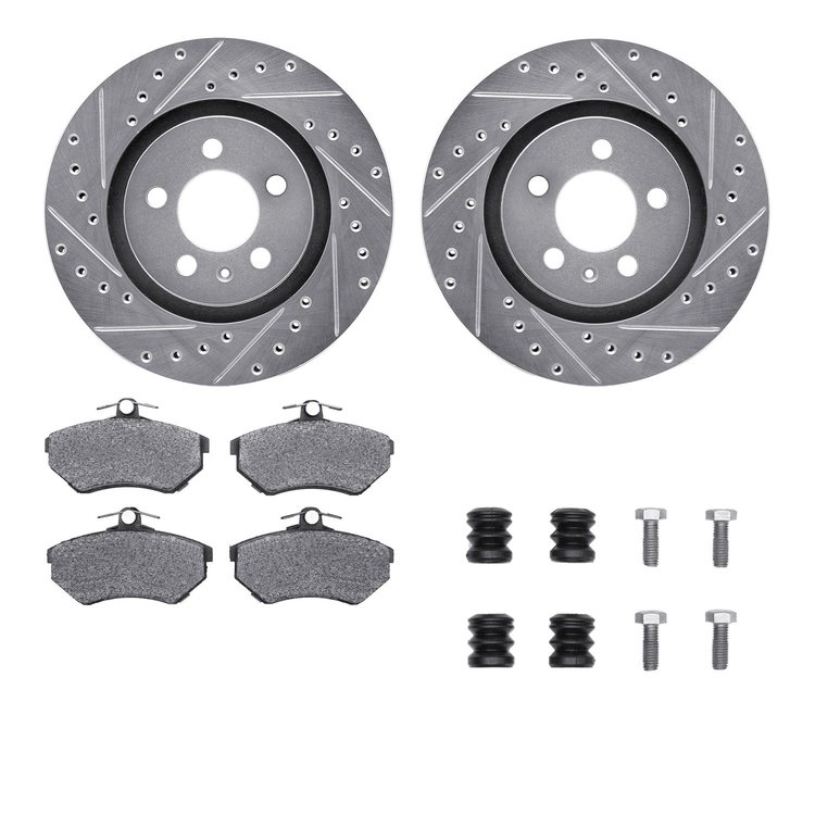 7512-74013 Drilled/Slotted Brake Rotors w/5000 Advanced Brake Pads Kit & Hardware [Silver], 1995-1995 Audi/Volkswagen, Position: