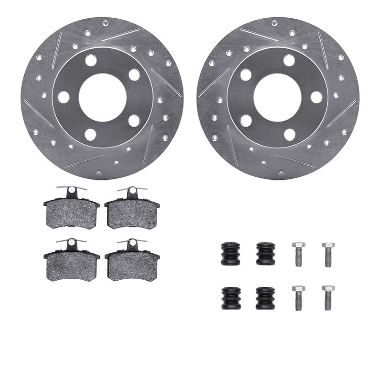7512-74023 Drilled/Slotted Brake Rotors w/5000 Advanced Brake Pads Kit & Hardware [Silver], 1996-2001 Audi/Volkswagen, Position: