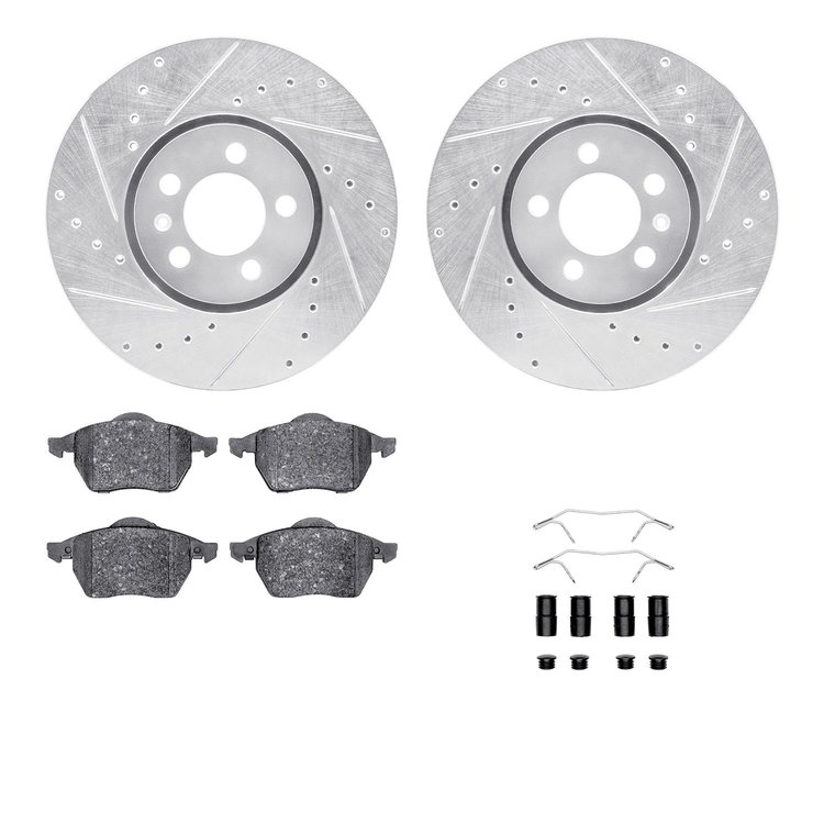 7512-74025 Drilled/Slotted Brake Rotors w/5000 Advanced Brake Pads Kit & Hardware [Silver], 1996-1998 Audi/Volkswagen, Position: