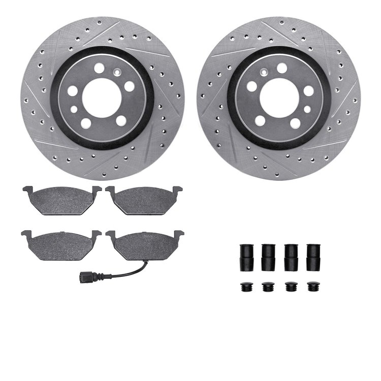 7512-74027 Drilled/Slotted Brake Rotors w/5000 Advanced Brake Pads Kit & Hardware [Silver], 1998-1999 Audi/Volkswagen, Position: