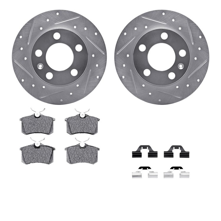 7512-74034 Drilled/Slotted Brake Rotors w/5000 Advanced Brake Pads Kit & Hardware [Silver], 1999-2006 Audi/Volkswagen, Position: