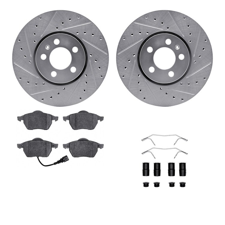 7512-74039 Drilled/Slotted Brake Rotors w/5000 Advanced Brake Pads Kit & Hardware [Silver], 1999-2010 Audi/Volkswagen, Position: