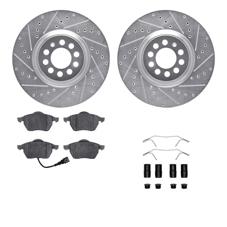 7512-74043 Drilled/Slotted Brake Rotors w/5000 Advanced Brake Pads Kit & Hardware [Silver], 2003-2006 Audi/Volkswagen, Position: