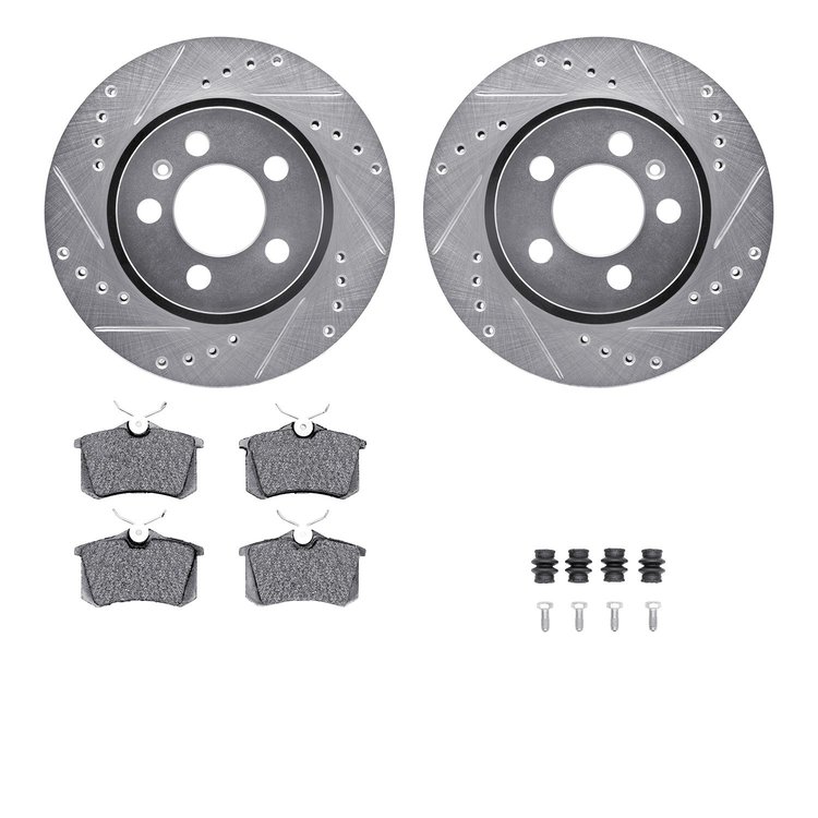 7512-74045 Drilled/Slotted Brake Rotors w/5000 Advanced Brake Pads Kit & Hardware [Silver], 2004-2004 Audi/Volkswagen, Position: