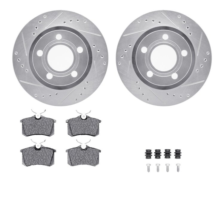 7512-74050 Drilled/Slotted Brake Rotors w/5000 Advanced Brake Pads Kit & Hardware [Silver], 1999-2004 Audi/Volkswagen, Position: