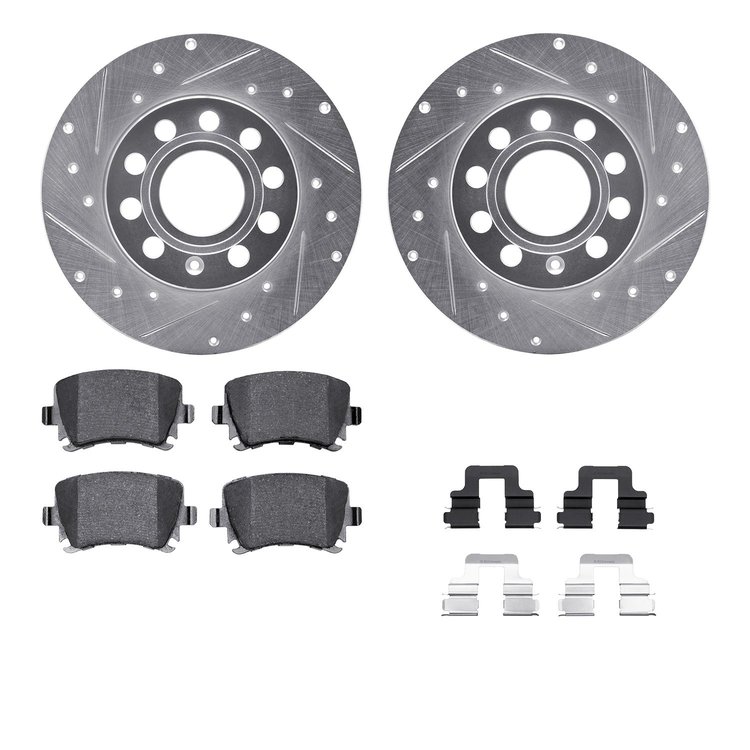 7512-74052 Drilled/Slotted Brake Rotors w/5000 Advanced Brake Pads Kit & Hardware [Silver], 2005-2013 Audi/Volkswagen, Position: