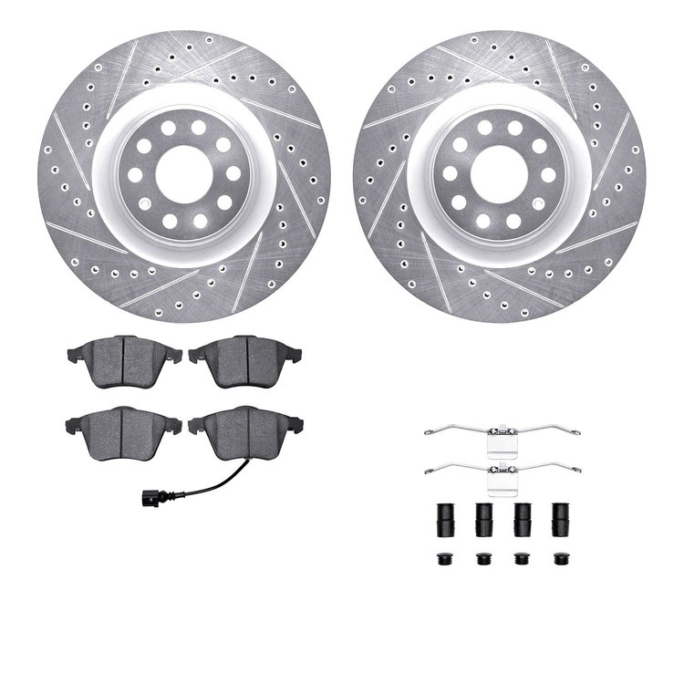 7512-74057 Drilled/Slotted Brake Rotors w/5000 Advanced Brake Pads Kit & Hardware [Silver], 2008-2013 Audi/Volkswagen, Position: