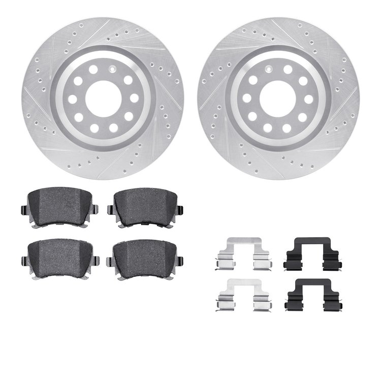 7512-74058 Drilled/Slotted Brake Rotors w/5000 Advanced Brake Pads Kit & Hardware [Silver], 2008-2016 Audi/Volkswagen, Position:
