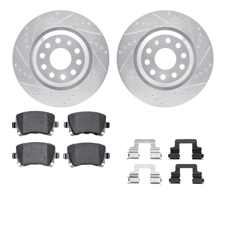 7512-74059 Drilled/Slotted Brake Rotors w/5000 Advanced Brake Pads Kit & Hardware [Silver], 2006-2021 Audi/Volkswagen, Position: