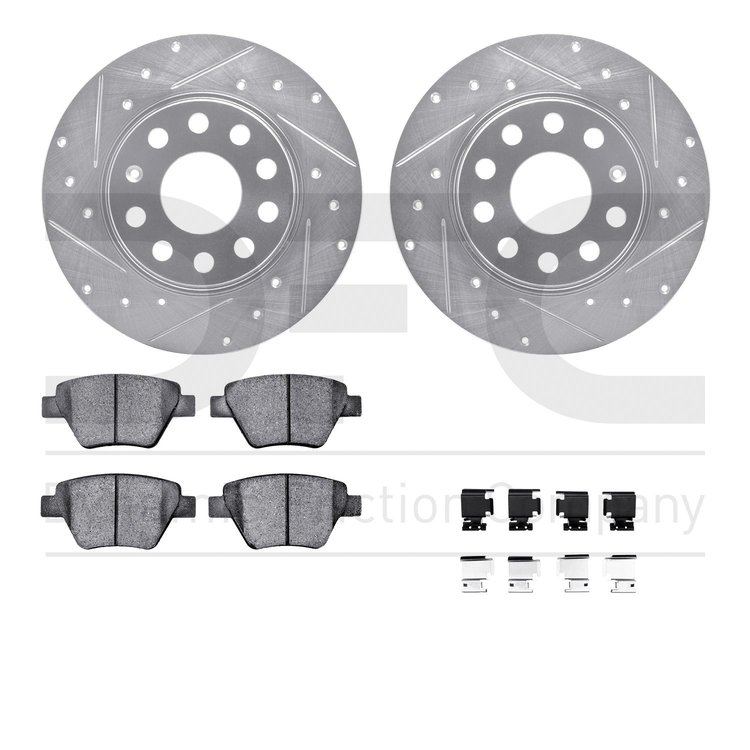 7512-74062 Drilled/Slotted Brake Rotors w/5000 Advanced Brake Pads Kit & Hardware [Silver], 2005-2016 Audi/Volkswagen, Position: