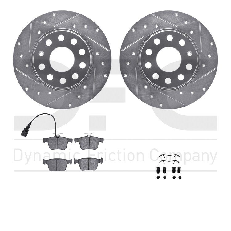 7512-74064 Drilled/Slotted Brake Rotors w/5000 Advanced Brake Pads Kit & Hardware [Silver], 2015-2021 Audi/Volkswagen, Position: