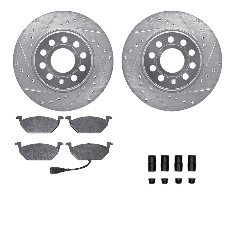 7512-74065 Drilled/Slotted Brake Rotors w/5000 Advanced Brake Pads Kit & Hardware [Silver], 2011-2015 Audi/Volkswagen, Position: