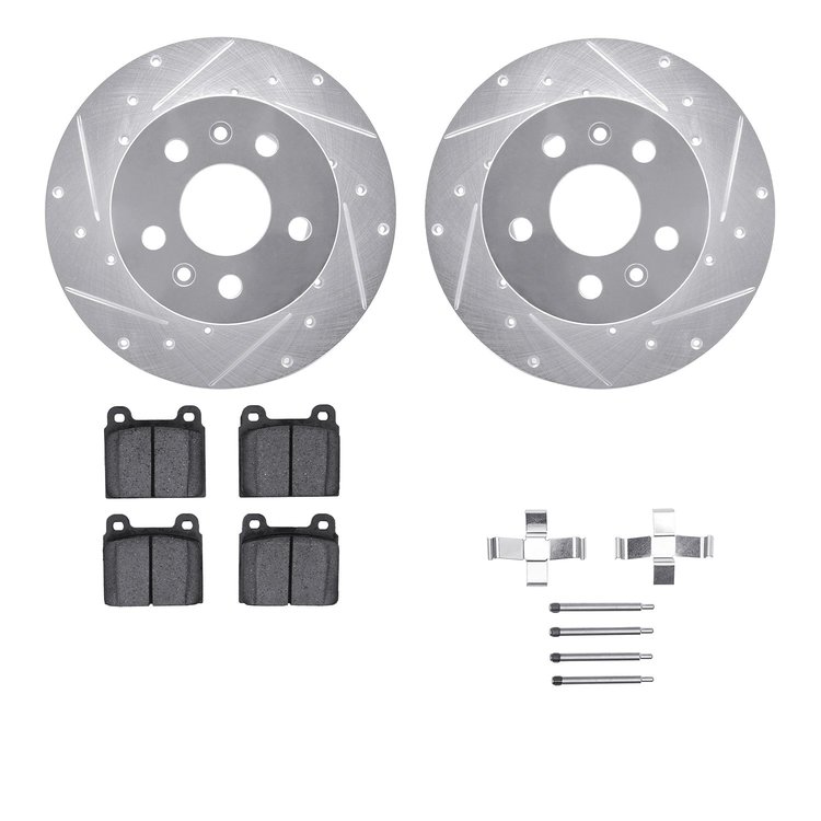 7512-74072 Drilled/Slotted Brake Rotors w/5000 Advanced Brake Pads Kit & Hardware [Silver], 1972-1978 Audi/Volkswagen, Position:
