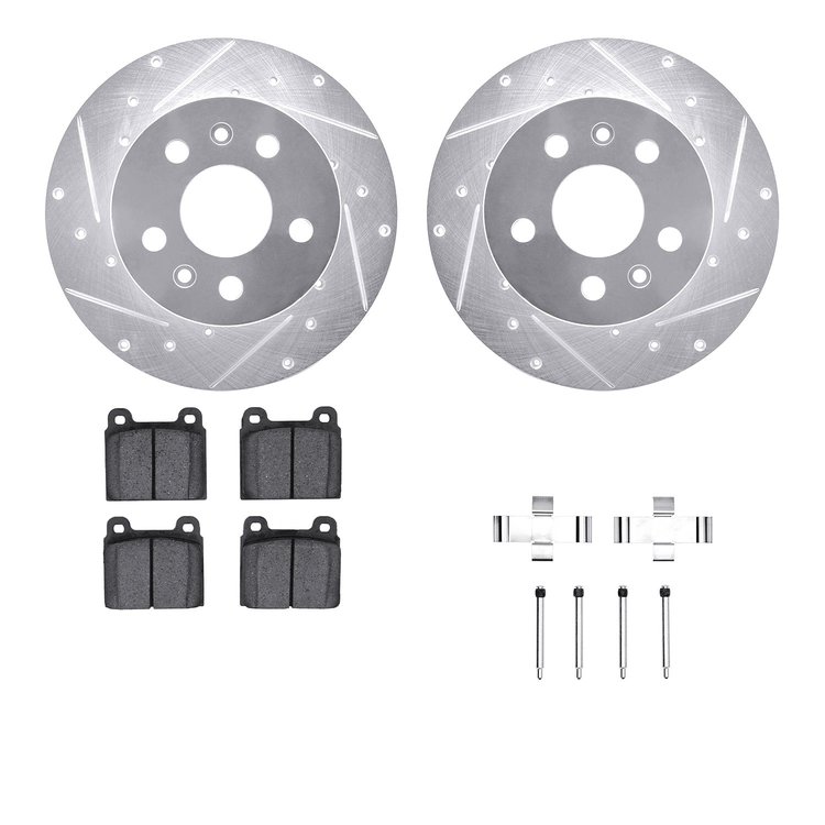 7512-74073 Drilled/Slotted Brake Rotors w/5000 Advanced Brake Pads Kit & Hardware [Silver], 1972-1972 Audi/Volkswagen, Position: