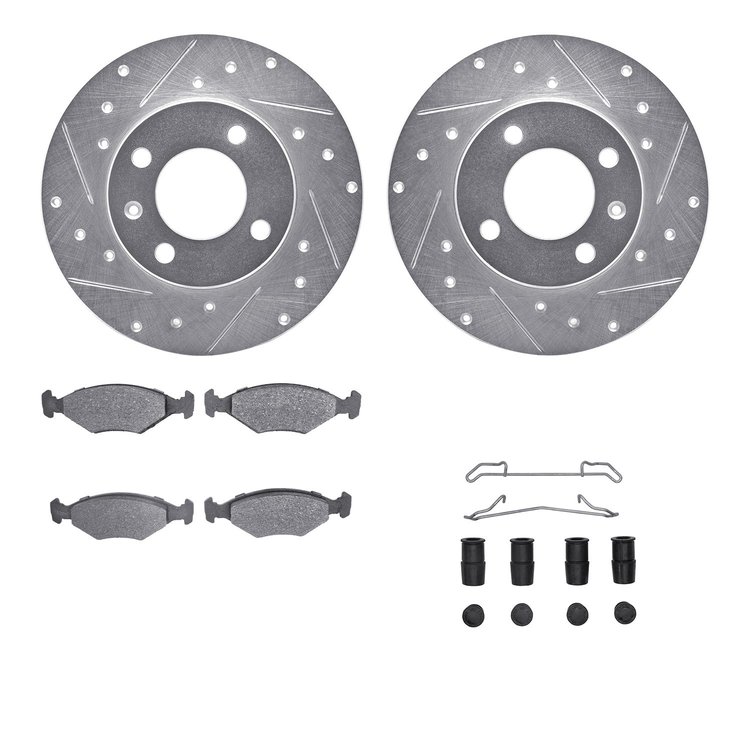 7512-74075 Drilled/Slotted Brake Rotors w/5000 Advanced Brake Pads Kit & Hardware [Silver], 1987-1993 Audi/Volkswagen, Position: