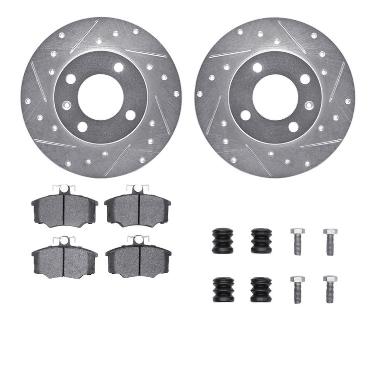 7512-74079 Drilled/Slotted Brake Rotors w/5000 Advanced Brake Pads Kit & Hardware [Silver], 1977-1983 Audi/Volkswagen, Position:
