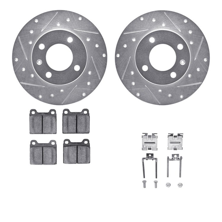 7512-74081 Drilled/Slotted Brake Rotors w/5000 Advanced Brake Pads Kit & Hardware [Silver], 1973-1980 Audi/Volkswagen, Position: