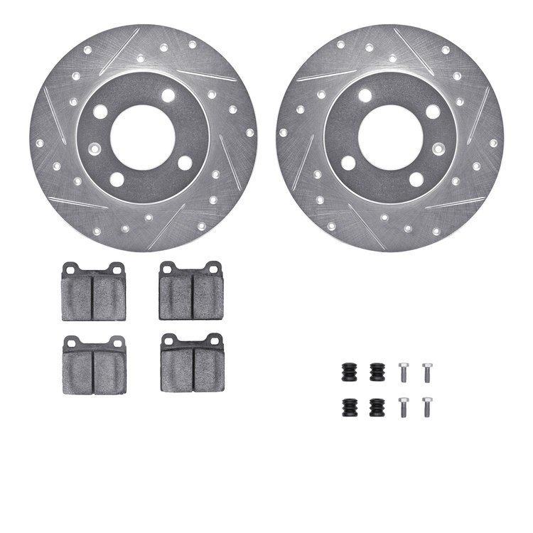 7512-74083 Drilled/Slotted Brake Rotors w/5000 Advanced Brake Pads Kit & Hardware [Silver], 1977-1977 Audi/Volkswagen, Position: