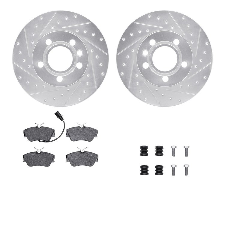 7512-74094 Drilled/Slotted Brake Rotors w/5000 Advanced Brake Pads Kit & Hardware [Silver], 2000-2000 Audi/Volkswagen, Position: