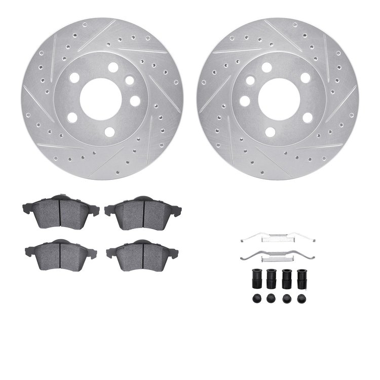 7512-74096 Drilled/Slotted Brake Rotors w/5000 Advanced Brake Pads Kit & Hardware [Silver], 1996-1996 Audi/Volkswagen, Position: