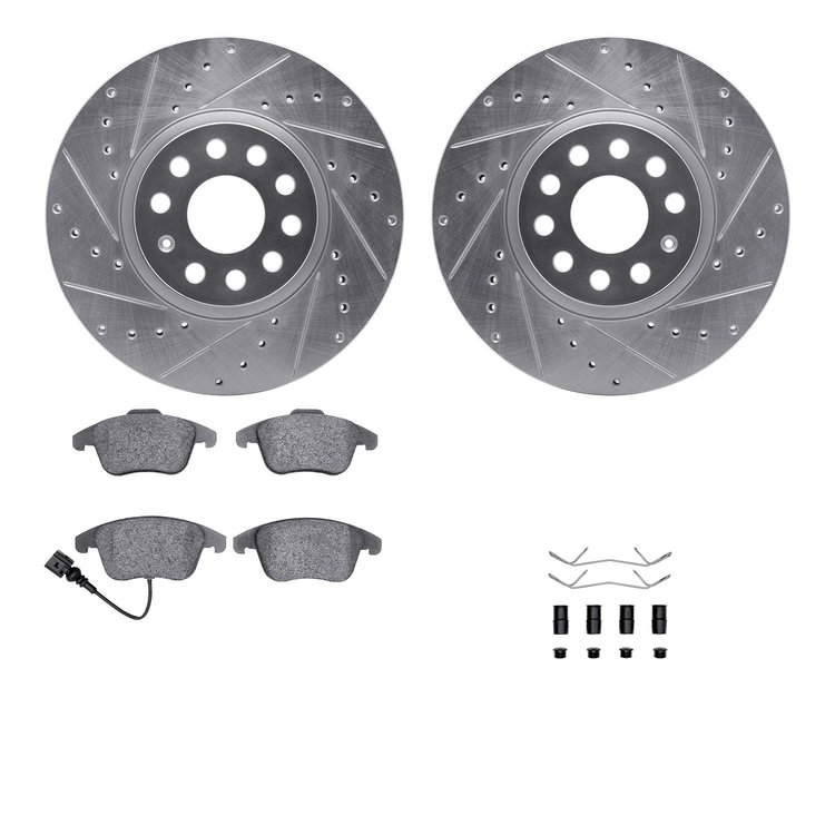 7512-74106 Drilled/Slotted Brake Rotors w/5000 Advanced Brake Pads Kit & Hardware [Silver], 2009-2013 Audi/Volkswagen, Position: