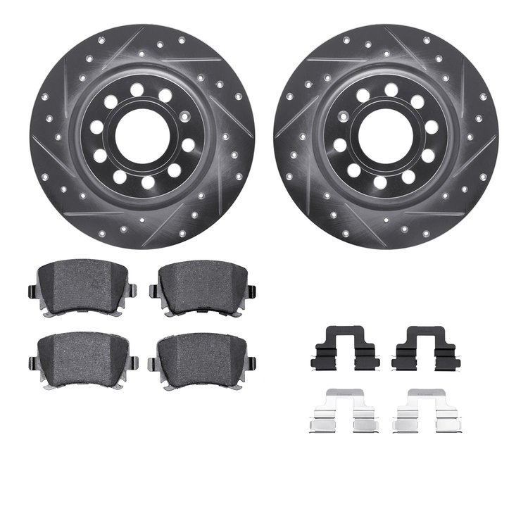 7512-74107 Drilled/Slotted Brake Rotors w/5000 Advanced Brake Pads Kit & Hardware [Silver], 2005-2010 Audi/Volkswagen, Position: