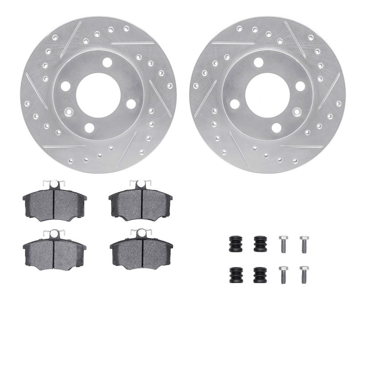 7512-74119 Drilled/Slotted Brake Rotors w/5000 Advanced Brake Pads Kit & Hardware [Silver], 1984-1987 Audi/Volkswagen, Position: