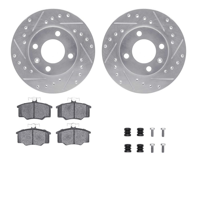 7512-74120 Drilled/Slotted Brake Rotors w/5000 Advanced Brake Pads Kit & Hardware [Silver], 1982-1983 Audi/Volkswagen, Position: