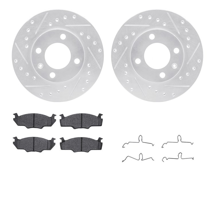 7512-74121 Drilled/Slotted Brake Rotors w/5000 Advanced Brake Pads Kit & Hardware [Silver], 1980-1984 Audi/Volkswagen, Position: