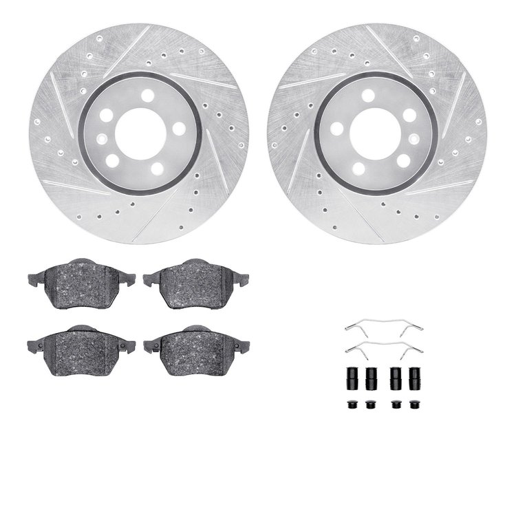 7512-74192 Drilled/Slotted Brake Rotors w/5000 Advanced Brake Pads Kit & Hardware [Silver], 1997-1998 Audi/Volkswagen, Position: