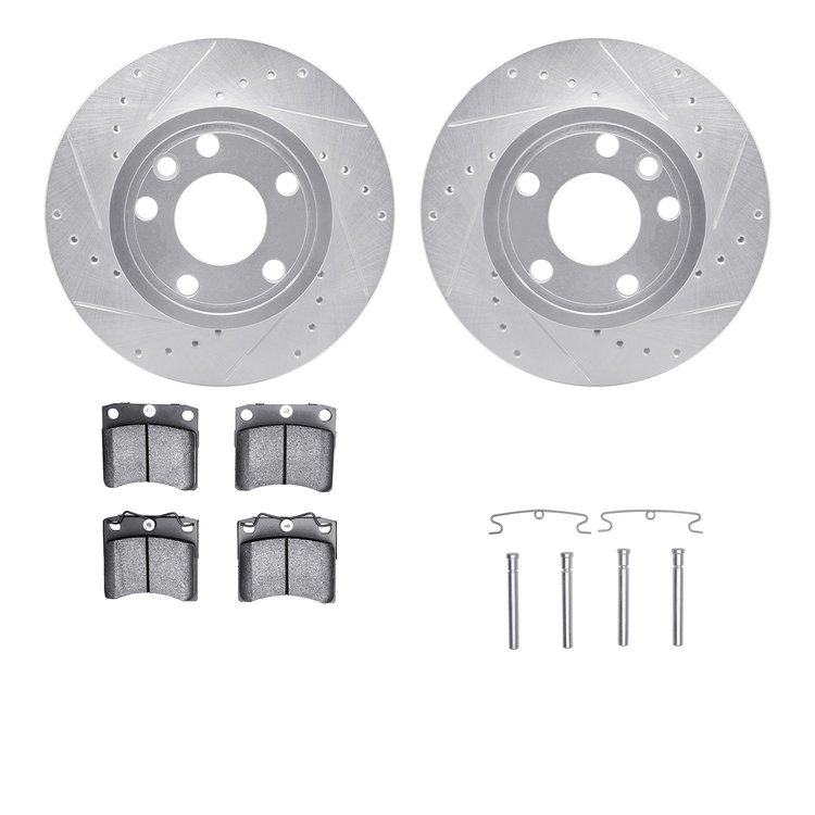 7512-74219 Drilled/Slotted Brake Rotors w/5000 Advanced Brake Pads Kit & Hardware [Silver], 1992-1995 Audi/Volkswagen, Position: