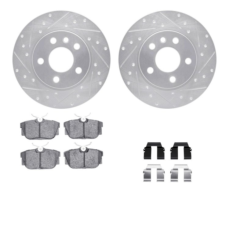 7512-74241 Drilled/Slotted Brake Rotors w/5000 Advanced Brake Pads Kit & Hardware [Silver], 1999-1999 Audi/Volkswagen, Position: