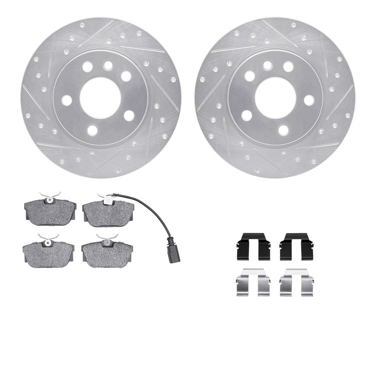 7512-74242 Drilled/Slotted Brake Rotors w/5000 Advanced Brake Pads Kit & Hardware [Silver], 2000-2000 Audi/Volkswagen, Position: