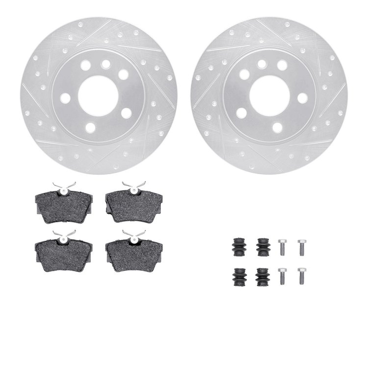 7512-74244 Drilled/Slotted Brake Rotors w/5000 Advanced Brake Pads Kit & Hardware [Silver], 1996-1997 Audi/Volkswagen, Position: