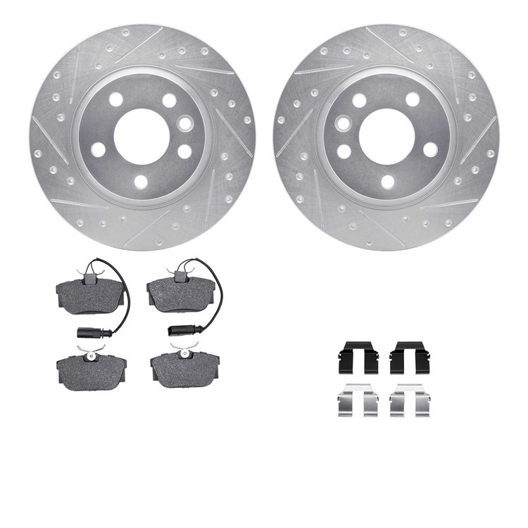 7512-74255 Drilled/Slotted Brake Rotors w/5000 Advanced Brake Pads Kit & Hardware [Silver], 2001-2003 Audi/Volkswagen, Position: