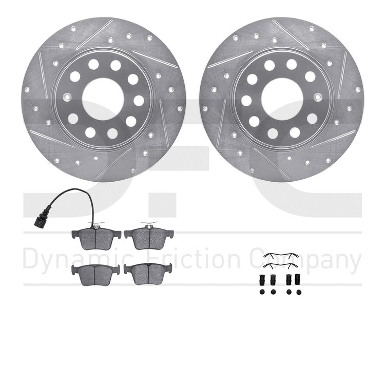 7512-74354 Drilled/Slotted Brake Rotors w/5000 Advanced Brake Pads Kit & Hardware [Silver], 2017-2019 Audi/Volkswagen, Position: