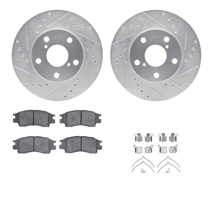 7512-75003 Drilled/Slotted Brake Rotors w/5000 Advanced Brake Pads Kit & Hardware [Silver], 1992-1998 Lexus/Toyota/Scion, Positi