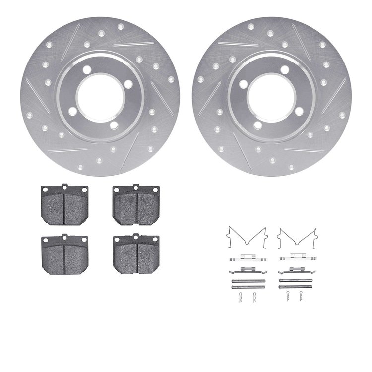 7512-76002 Drilled/Slotted Brake Rotors w/5000 Advanced Brake Pads Kit & Hardware [Silver], 1972-1972 Lexus/Toyota/Scion, Positi